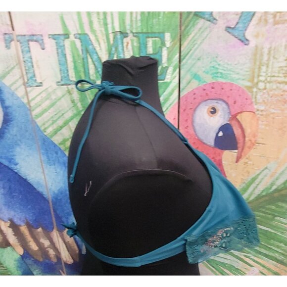 Teal Halter Bikini Top With Lace Trim Women's Swimwear Size Large Juniors - Picture 3 of 8